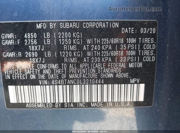 4S4BTANC0L3210444 2020 SUBARU OUTBACK Blue Widok komory silnika