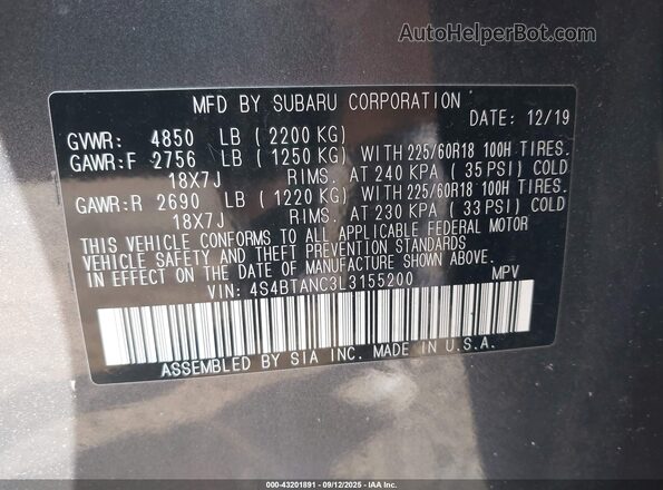 4S4BTANC3L3155200 2020 SUBARU OUTBACK Gray Widok komory silnika