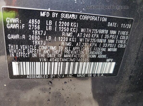 4S4BTANC3M3140505 2021 SUBARU OUTBACK Gray VIN კოდის სტიკერის ხედი