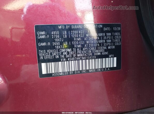 4S4BTANC3M3158339 2021 SUBARU OUTBACK Red ძრავის განყოფილების ხედი
