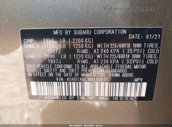 4S4BTANC4M3168717 2021 SUBARU OUTBACK Green ძრავის განყოფილების ხედი