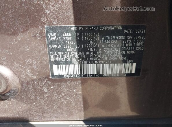 4S4BTANC4M3201781 2021 SUBARU OUTBACK Brown 