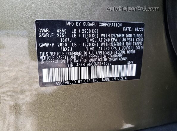 4S4BTANC9M3131033 2021 SUBARU OUTBACK Green VIN կոդի պիտակի տեսք