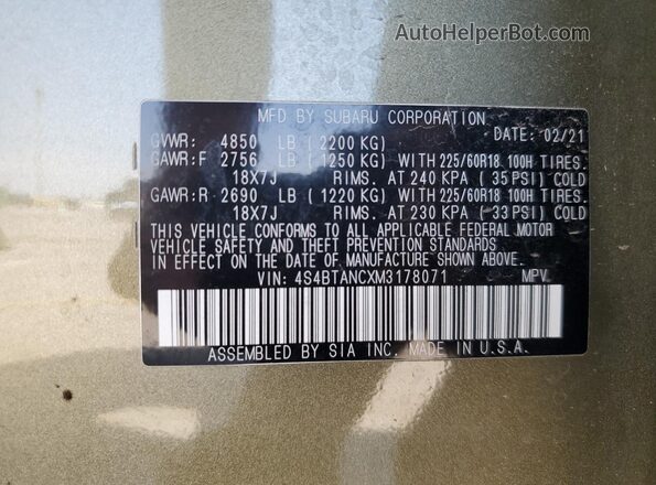 4S4BTANCXM3178071 2021 SUBARU OUTBACK Green Widok wnętrza 360 stopni