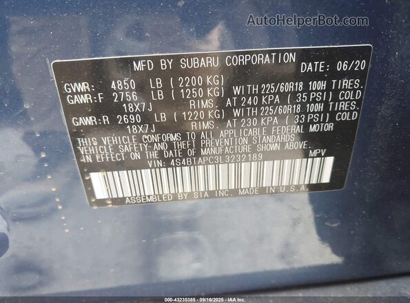 4S4BTAPC3L3232189 2020 SUBARU OUTBACK Blue Widok komory silnika