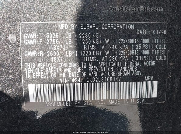 4S4BTGKD2L3168147 2020 SUBARU OUTBACK Black Vista del compartimento del motor