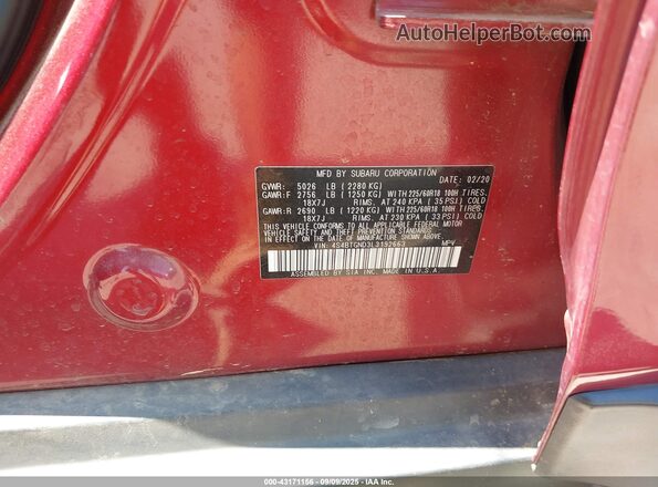 4S4BTGND3L3192663 2020 SUBARU OUTBACK Red Вид підкапотного простору