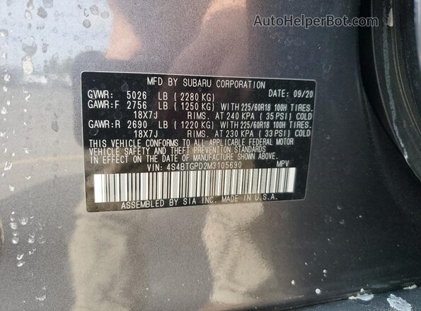 4S4BTGPD2M3105690 2021 SUBARU OUTBACK Gray 