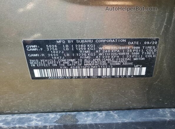 4S4BTGPD7M3115213 2021 SUBARU OUTBACK Green 360 interior view