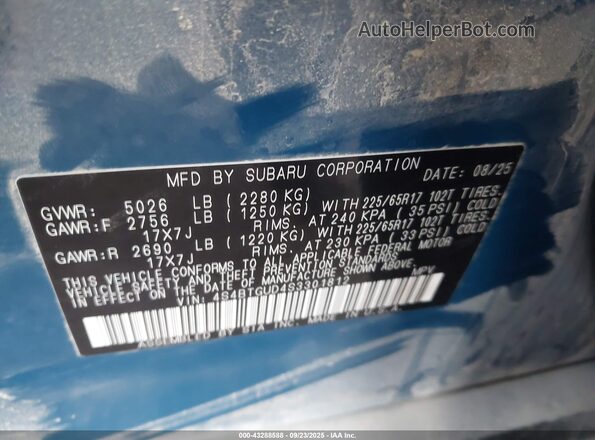 4S4BTGUD4S3301812 2025 SUBARU OUTBACK Blue Widok komory silnika