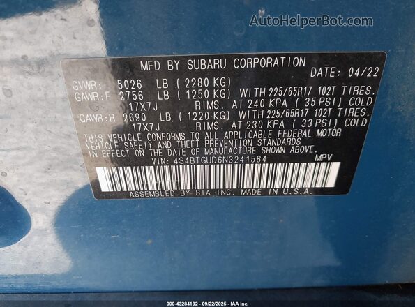 4S4BTGUD6N3241584 2022 SUBARU OUTBACK Blue 