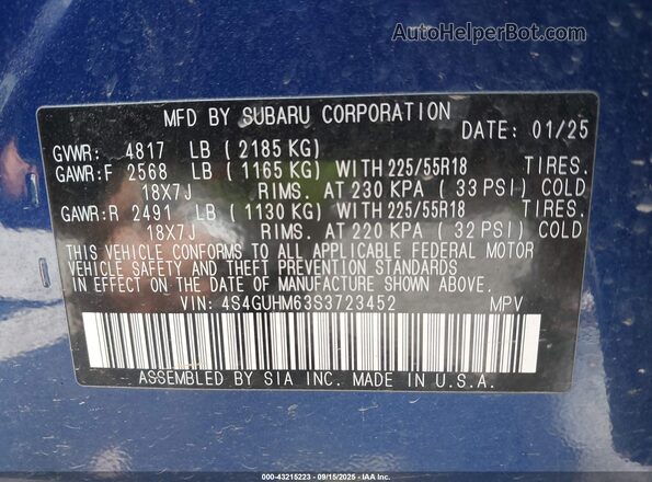 4S4GUHM63S3723452 2025 SUBARU CROSSTREK Blue 