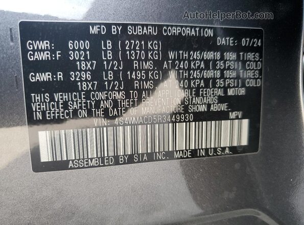 4S4WMACD5R3449930 2024 SUBARU ASCENT Gray Vista de la etiqueta del VIN