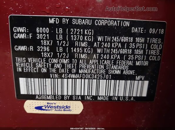 4S4WMAFD0K3425701 2019 SUBARU ASCENT Maroon Widok komory silnika