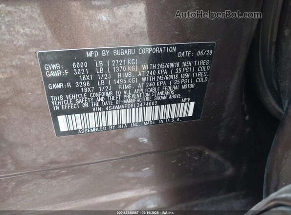 4S4WMAFD8L3474002 2020 SUBARU ASCENT Коричневый Вид подкапотного пространства