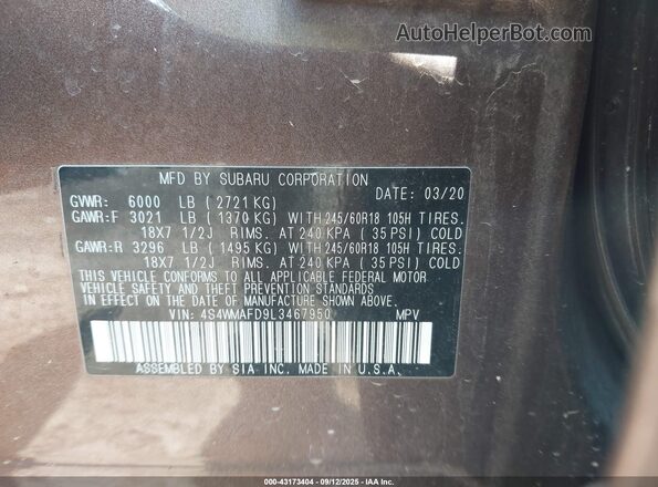 4S4WMAFD9L3467950 2020 SUBARU ASCENT Коричневый Вид подкапотного пространства