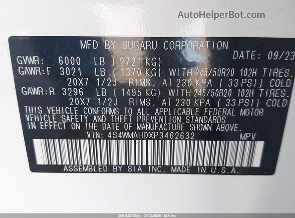 4S4WMAHDXP3462632 2023 SUBARU ASCENT White Widok komory silnika