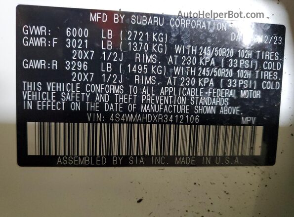 4S4WMAHDXR3412106 2024 SUBARU ASCENT Белый 