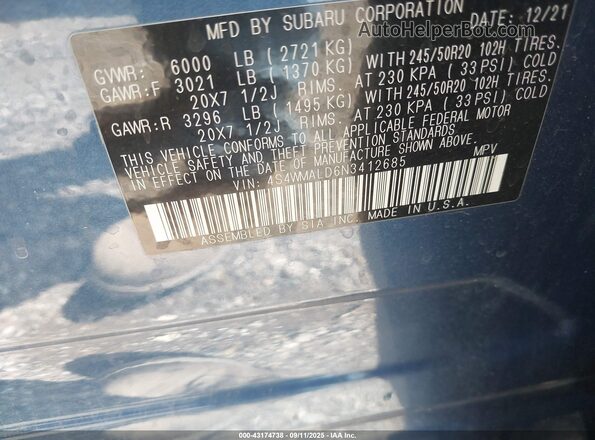 4S4WMALD6N3412685 2022 SUBARU ASCENT Blue Вид підкапотного простору