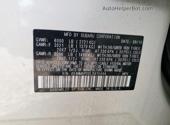 4S4WMAPD0L3415444 2020 SUBARU ASCENT Белый Вид подкапотного пространства