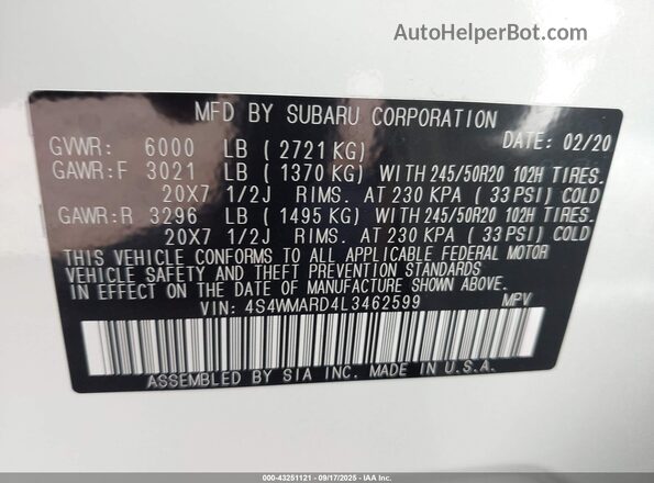 4S4WMARD4L3462599 2020 SUBARU ASCENT Белый Вид подкапотного пространства