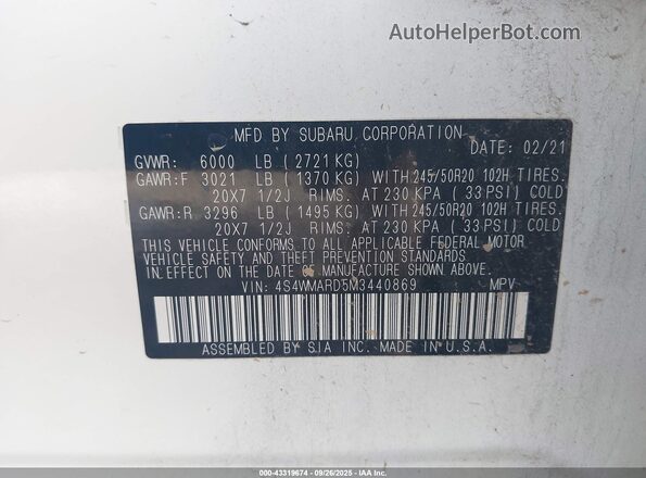 4S4WMARD5M3440869 2021 SUBARU ASCENT White Вид підкапотного простору