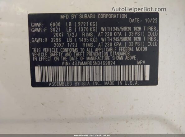 4S4WMARD5N3469824 2022 SUBARU ASCENT Белый Вид подкапотного пространства