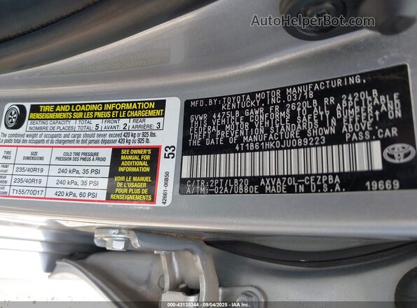 4T1B61HK0JU089223 2018 TOYOTA CAMRY Серебряный 