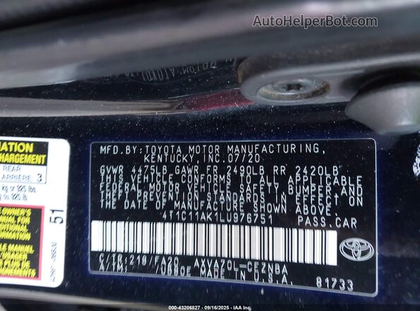 4T1C11AK1LU976751 2020 TOYOTA LE Black ძრავის განყოფილების ხედი