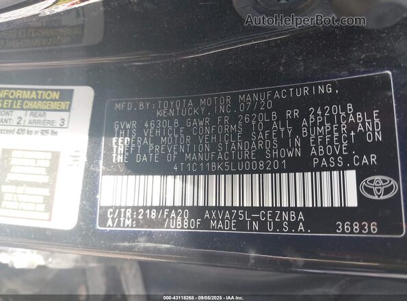 4T1C11BK5LU008201 2020 TOYOTA LE Black Engine compartment view