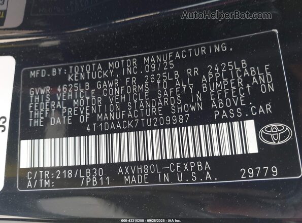 4T1DAACK7TU209987 2026 TOYOTA CAMRY Black 