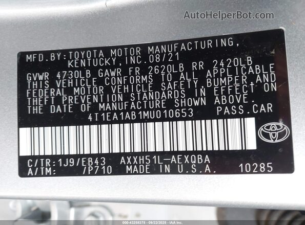 4T1EA1AB1MU010653 2021 TOYOTA AVALON Silver 