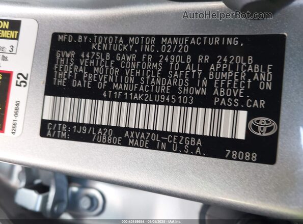 4T1F11AK2LU945103 2020 TOYOTA LE Silver Engine compartment view