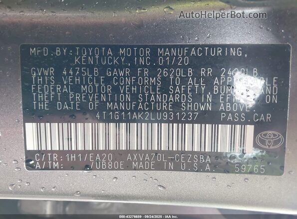 4T1G11AK2LU931237 2020 TOYOTA CAMRY Серый Вид подкапотного пространства