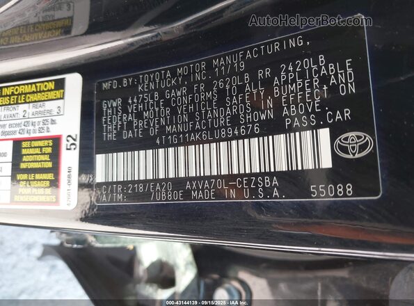 4T1G11AK6LU894676 2020 TOYOTA CAMRY Black ძრავის განყოფილების ხედი