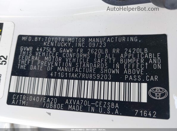 4T1G11AK7RU859203 2024 TOYOTA CAMRY White 