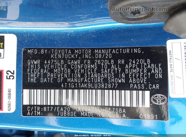 4T1G11AK9LU382877 2020 TOYOTA CAMRY Blue Widok komory silnika