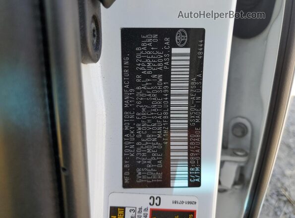 4T1HZ1FB8LU044991 2020 TOYOTA AVALON White Вид наклейки з VIN-кодом