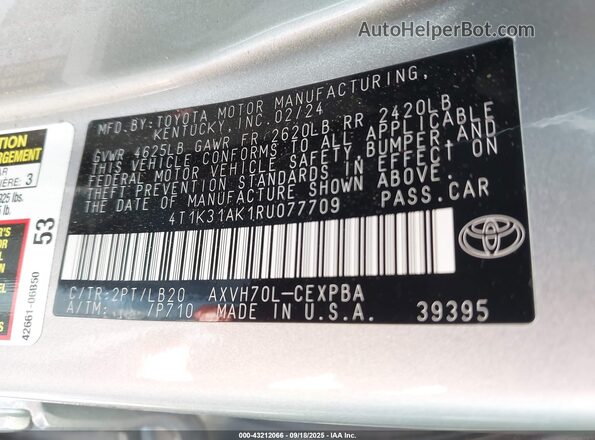 4T1K31AK1RU077709 2024 TOYOTA CAMRY HYBRID Gray 