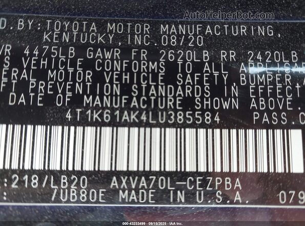 4T1K61AK4LU385584 2020 TOYOTA CAMRY Black Engine compartment view