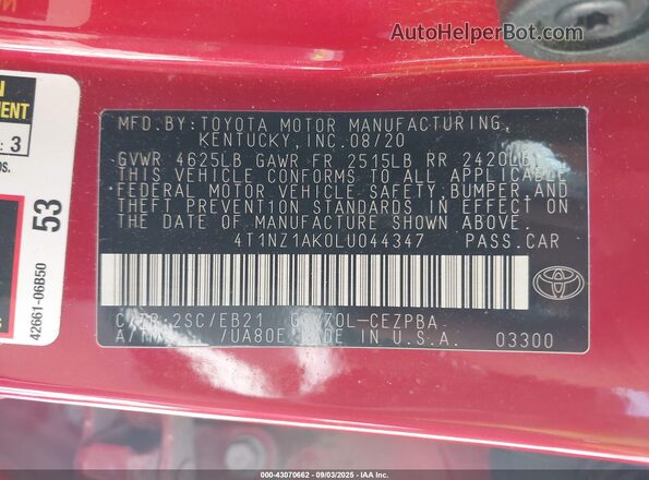 4T1NZ1AK0LU044347 2020 TOYOTA CAMRY Red Vista del compartimento del motor