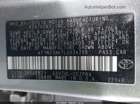 4T1NZ1AK7LU034205 2020 TOYOTA CAMRY Silver Engine compartment view