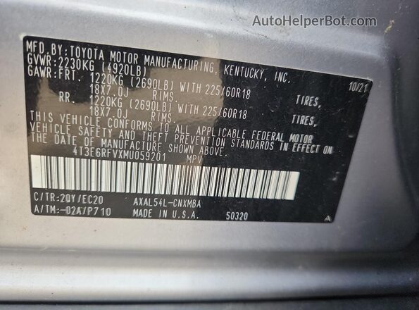 4T3E6RFVXMU059201 2021 TOYOTA RAV4 Silver Սալոնի 360 աստիճան տեսք