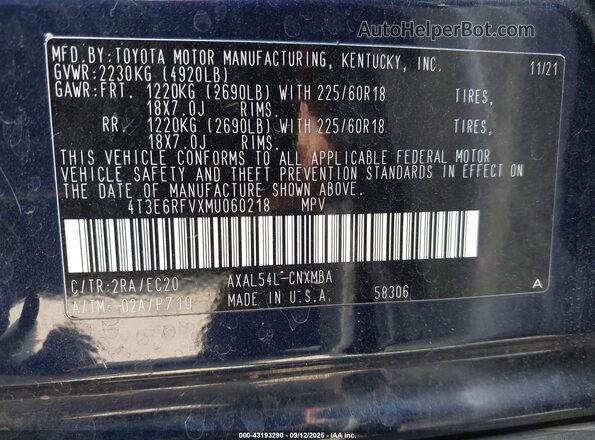4T3E6RFVXMU060218 2021 TOYOTA RAV4 Dark Blue Engine compartment view
