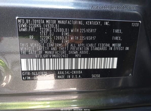 4T3L6RFV1MU022402 2021 TOYOTA LE Gray Engine compartment view