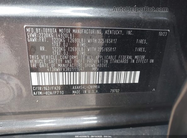 4T3RWRFV3RU111647 2024 TOYOTA LE Gray Widok komory silnika