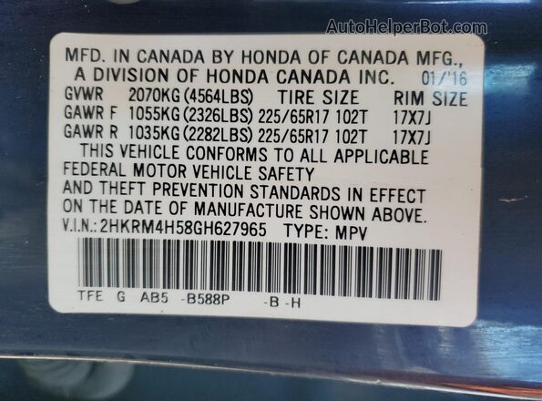 2HKRM4H58GH627965 2016 HONDA CRV Blue 
