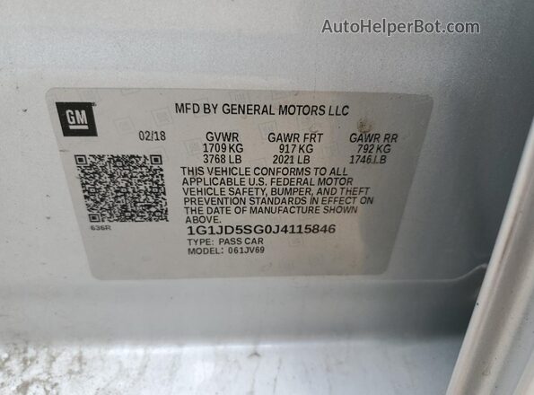 1G1JD5SG0J4115846 2018 CHEVROLET SONIC Серебряный Вид наклейки с VIN-кодом