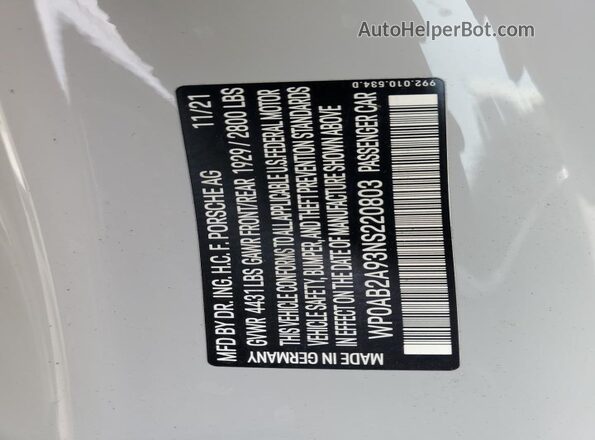 WP0AB2A93NS220803 2022 PORSCHE 911 Silver 