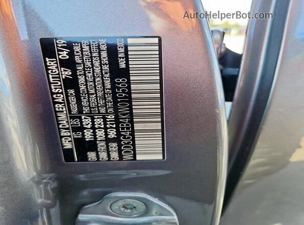 WDD3G4EB4KW019568 2019 MERCEDES-BENZ A Gray Vista de la etiqueta del VIN